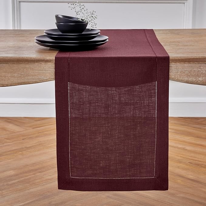 Solino Home Linen Burgundy Table Runner 120 Inches Long - 100% Pure Linen 14 x 120 Inch Table Runner for Christmas, Holiday, Winter, New Year - Classic Hemstitch