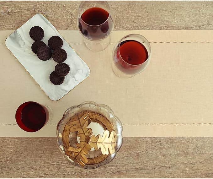 Solino Home Linen Beige Table Runner 120 Inches Long - 100% Pure Linen 14 x 120 Inch Table Runner for Christmas, New Year - Classic Hemstitch