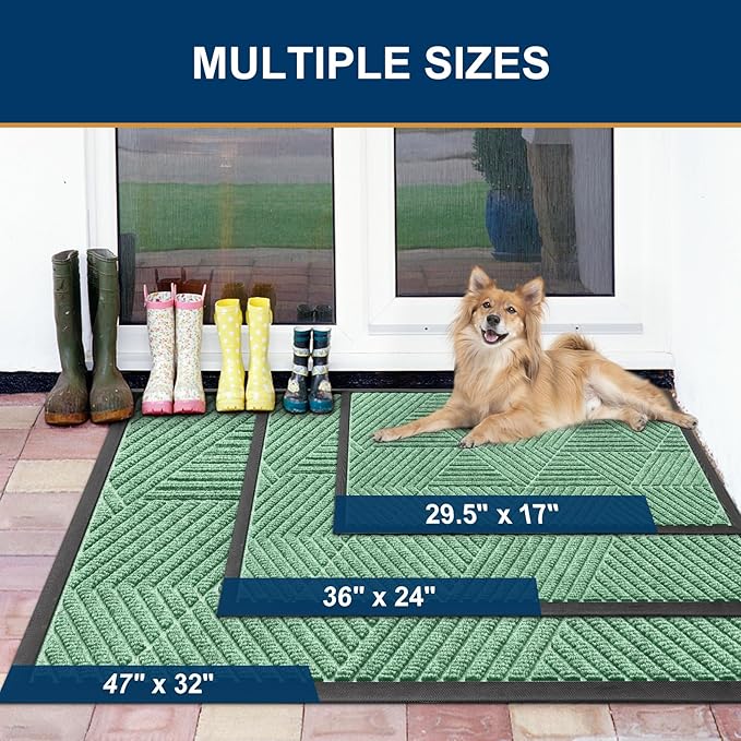 Smiry Front Door Mat Outside Entrance, Heavy Duty Sturdy Natural Rubber Doormat, Trap Dirt and Moisture, Easy Clean Low Profile Mats for Indoor Outdoor Entry, Irregular Triangle (36x24, Mint Green)