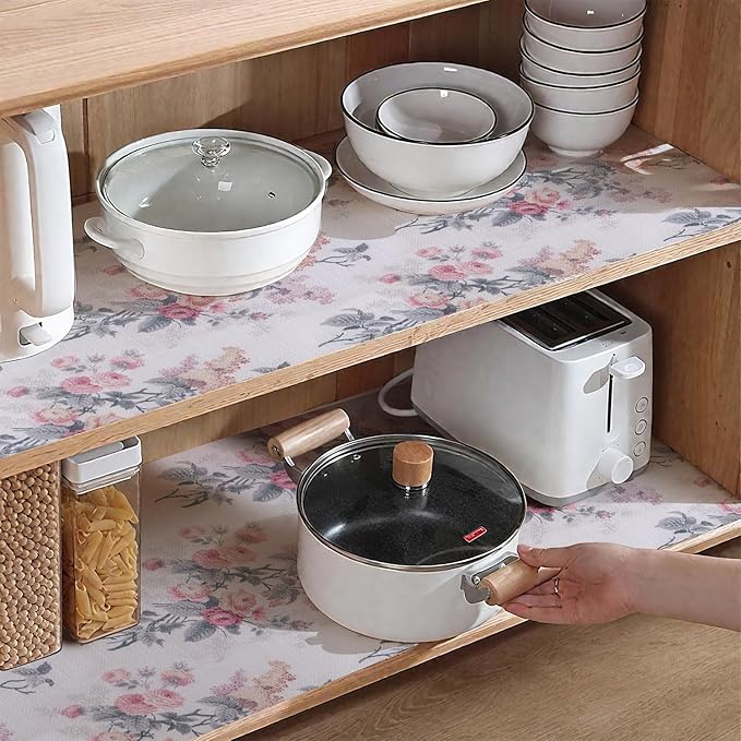 Drawer and Shelf Liner for Cabinets, 12IN x 20FT Non-Adhesive and Strong Non-Slip Vintage Floral Shelf Cabinet Drawer Liners for Kitchen,Table,Bookshelves,Waterproof Cupboard Liners