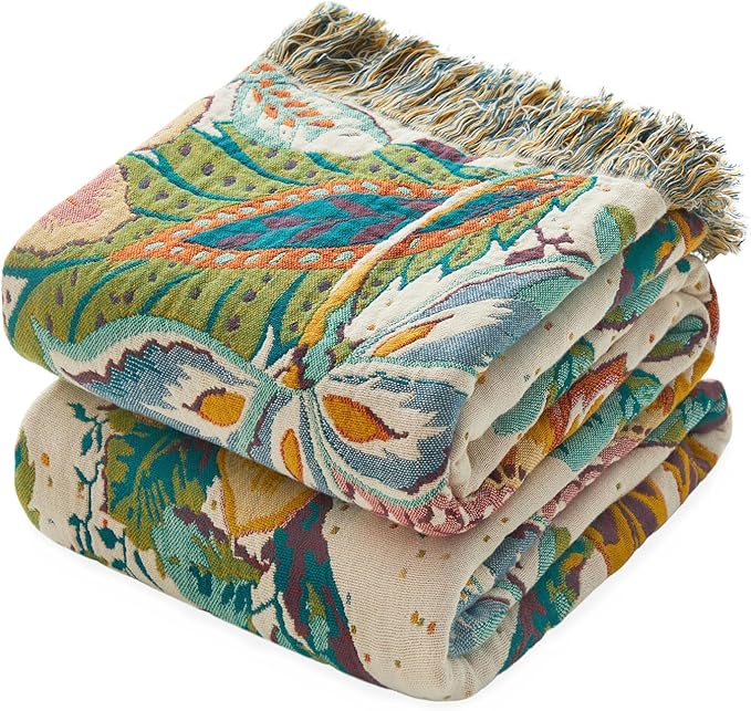 MSGKV Boho Throw Blanket for Bed Twin Size 100% Cotton Floral Blanket 60"x80" for Sofa Couch Muslin Breathable All Seasons Farmhouse Lightweight Blankets Home Decor