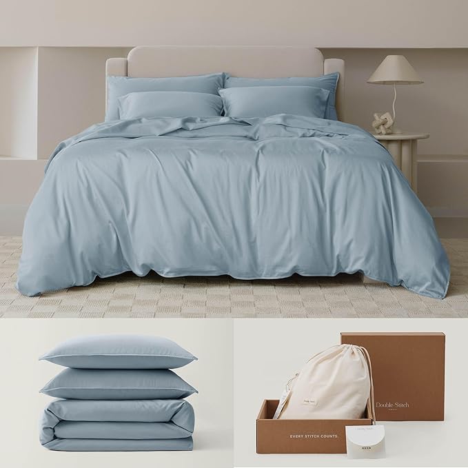 Double Stitch Cotton Tencel Duvet Cover - Queen Size Comforter Cover, Luxury & Soft Eucalyptus Lyocell Bedding Set for Hot Sleepers, Cooling & Breathable, Button Closure, Sterling Blue, 90"x90"