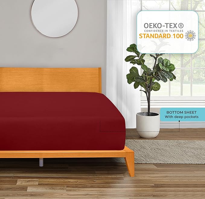 ROYALE LINENS 300 Thread Count 100% Long Staple Combed Cotton Fitted Sheet Twin XL - Super Soft Deep Pocket Bottom Sheet - Fitted Sheets Only - Elastic Sheets (Twin XL, Red)