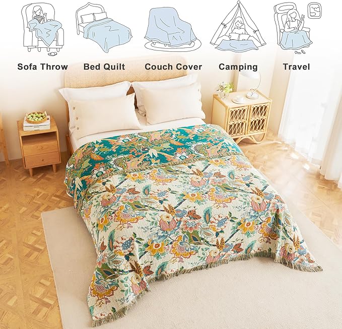 MSGKV Boho Throw Blanket for Bed Couch Twin Size Cotton Vine Blanket 60"x80" Couch Muslin Breathable Lightweight Farmhouse Blankets for All Seasons Home Decor