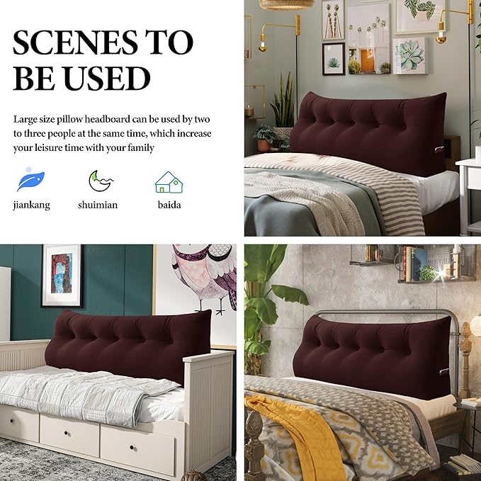 Bed Wedge Headboard Pillow - College Dorm Reading Pillow Back Support While Sitting in Bed - Ergonomic Lumbar Pillow Body Positioning Bed Pillow - Velvet Maroon 54IN