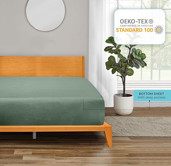 ROYALE LINENS 300 Thread Count 100% Long Staple Combed Cotton Fitted Sheet King - Super Soft Deep Pocket Bottom Sheet - Fitted Sheets Only - Elastic Sheets (King, Sage Green)