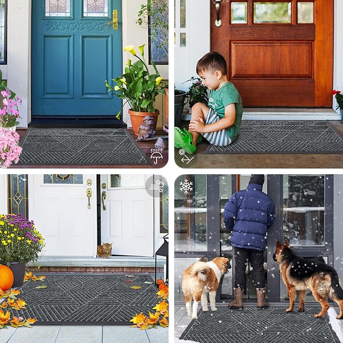 Smiry Front Door Mat Outside Entrance, Heavy Duty Sturdy Natural Rubber Doormat, Trap Dirt and Moisture, Easy Clean Low Profile Mats for Indoor Outdoor Entry, Irregular Triangle (36x24, Grey)