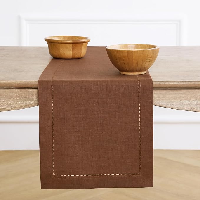 Solino Home Linen Brown Table Runner 48 Inches - Classic Hemstitch, 100% Pure Linen Coffee Table Runner 14 x 48 Inch Ideal for Dresser Tables