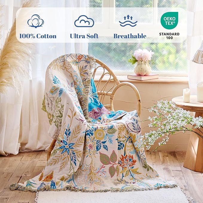 MSGKV Boho Throw Blanket for Couch Cotton Floral Blanket 50"x60" Throws for Sofa Chair Muslin Breathable Lightweight Farmhouse Blankets Home Decor All Seasons