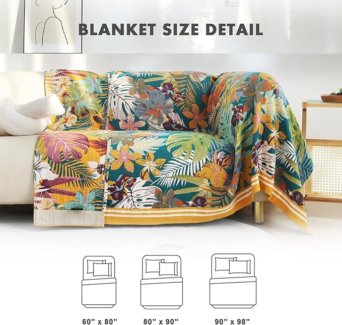 MSGKV Boho Throw Blanket for Couch and Sofa Cotton Blankets for Living Room Bedroom Reversable Florals Throw 60"x80" Breathable Cozy Blankets