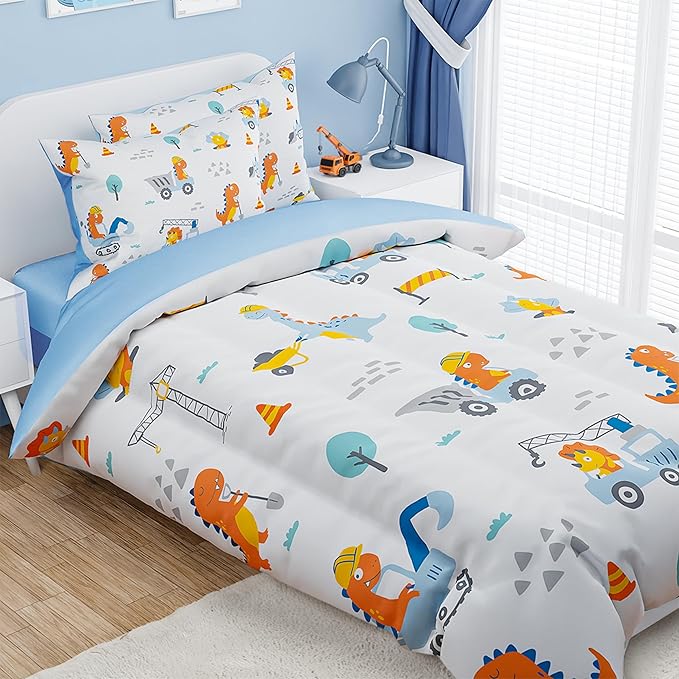 SANDJEST Dinosaur Comforter Set Full Size 98x86in for Kids Boys, Microfiber 4 Pcs Bedding Set Includes 1 Comforter, 2 Pillowcases, 1 Fitted Sheet, Nursery Room Decor