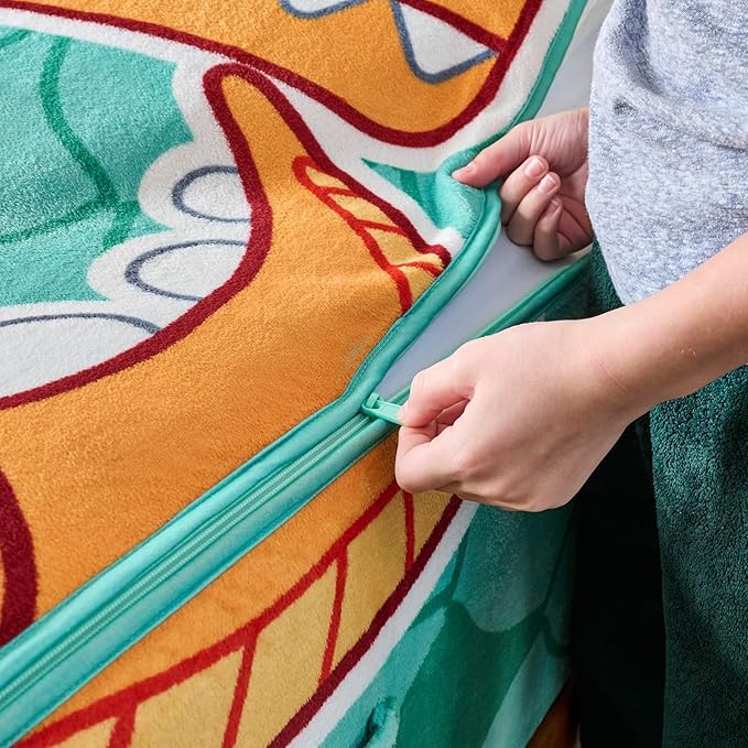 ZippySack Twin Bed Zip-Up Bedding – Super Soft Fleece Fitted Blanket with Side Pocket & Durable Zipper – Easy Bed-Making for Kids (Dinosaur)