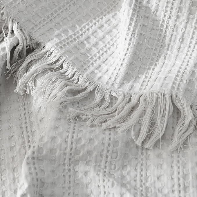100% Cotton Waffle Queen Blanket with Fringe 90"x90", Pre-Washed Waffle Weave Blanket for All Season, Lightweight Breathable Soft Cozy Throw Blanket for Couch, Bed, Travel (Light Grey)