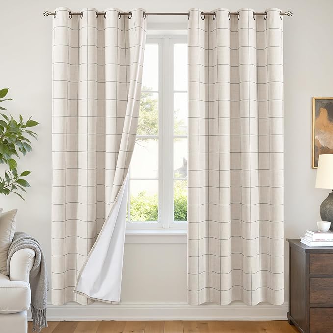 Grey Linen Blackout Curtains for Living Room - Plaid Patterned Curtains 72 Inch Long, Boho Black Out Thermal Insulated Drapes for Bedroom Grommet Style 52x72 Inch 2 Panels