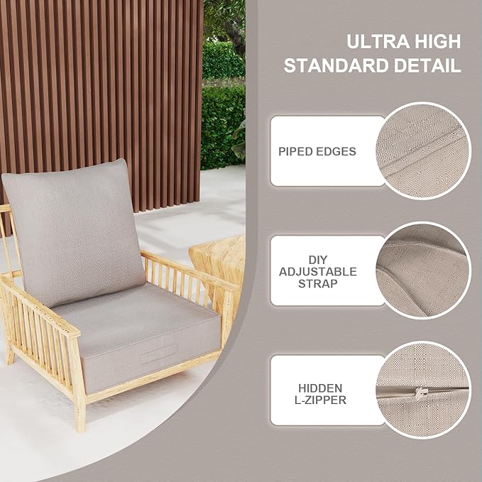 Outdoor Olefin Water-Resistant Deep Seat Cushion Set, 2PCS Weather and Fade Resistant 24''x 24''x 6'' Patio Furniture Seat Cushion, Thickened Sofa Chair Pad for Lawn, Garden, Light Beige