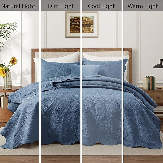 IR Imperial Rooms King Quilt Bedding Set Size (106" x 96") + 2 Pillow Shams (20" x 36"+ 2") - 3 Pcs All Season Lightweight Reversible Microfiber Coverlet Floral Embossed Quilt Bedspread (Light Blue)