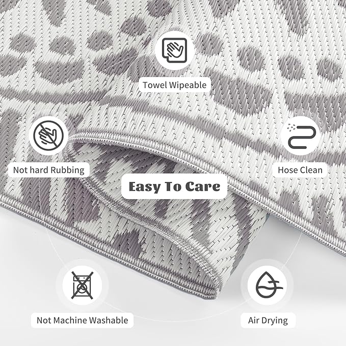 Ileading Reversible Plastic Outdoor Rug Modern Geometric Style Patio Straw Mat Waterproof Deck Carpets Non Shedding Portable Area Rugs for RV Beach Backyard Outside Pool Picnic Camping (5'x8'Grey)