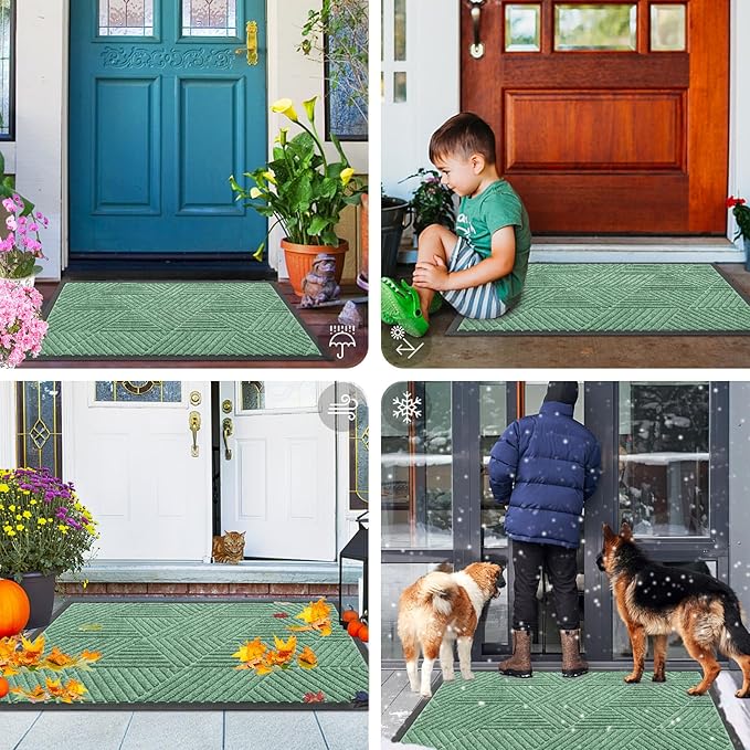 Smiry Front Door Mat Outside Entrance, Heavy Duty Sturdy Natural Rubber Doormat, Trap Dirt and Moisture, Easy Clean Low Profile Mats for Indoor Outdoor Entry, Irregular Triangle (29.5x17, Mint Green)