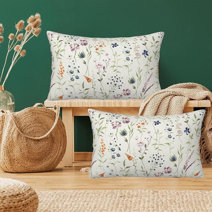 Throw Pillow Covers Spring Summer Floral Pillow Covers 20x12 Inch Set of 2 Watercolor Flowers Throw Pillows Decorative Pillow Cases Cushion Covers for Bedroom Livingroom Sofa Farm House