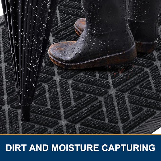 Smiry Front Door Mat Outside Entrance, Heavy Duty Sturdy Natural Rubber Doormat, Trap Dirt and Moisture, Easy Clean Low Profile Mats for Indoor Outdoor Entry, Grid Geometric (29.5x17, Black)