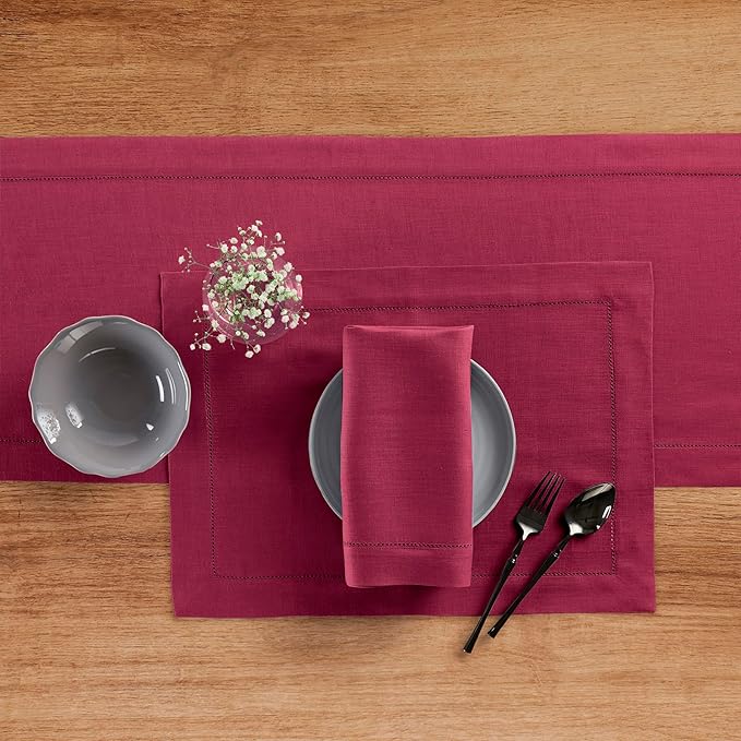 Solino Home Linen Table Runner 60 Inches - 100% Pure Linen Beet Hemstitch Table Runner 14 x 60 Inch Ideal for Dresser and Coffee Tables - Christmas, New Year, Winter - Classic Hemstitch