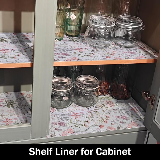 Floral Leaf Shelf Liners Strong Non-Slip and Non Adhesive 12IN x 20FT Shelf and Drawer Liners for Kitchen Cabinet Wire Fridge, Waterproof Shelf Drawer Liner,Easy to Clean