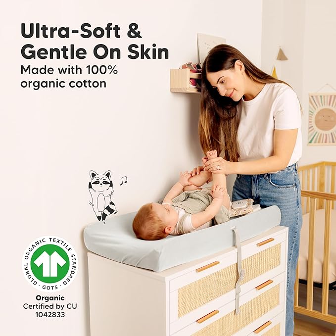 2-Pack Organic Changing Pad Covers for Girl, Boy, Neutral - 100% Cotton Changing Table Pad Cover, Soft Baby Nursery Diaper Changing Pad Sheets, Contour Changing Pads Liners, Change Pad Cover (Sage)