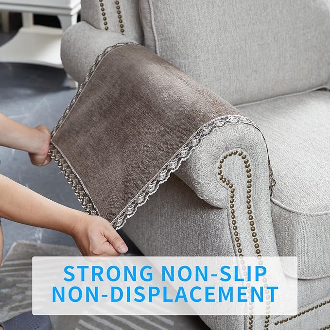 MINJIATEX Couch arm Covers,Non-Slip lace Sofa arm Covers Set of 2 Washable Sofa armrests Covers for Living Room Recliner Chair arm Cover Protectors for Leather Sofa armrest slipcover (HZW-Brown)