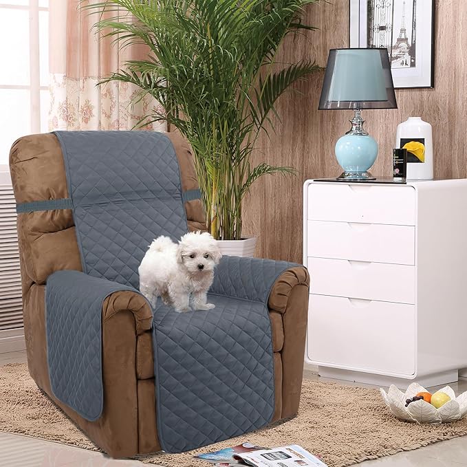 U-NICE HOME Recliner Chair Covers Reversible Chair Cover Pet Covers for Dogs with Elastic Straps Water Resistant Diamond Quilted (28''Recliner Oversized, Dark Blue/Light Grey)