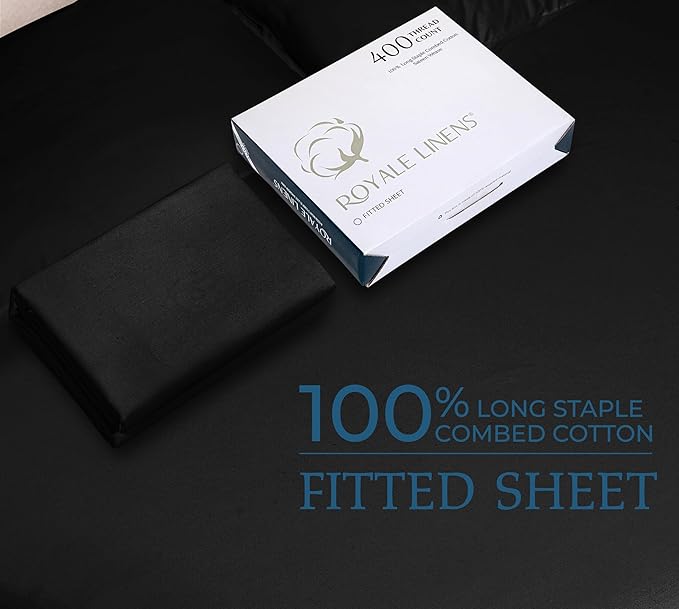 ROYALE LINENS 400 Thread Count 100% American Grown Cotton Fitted Sheet Twin Size - All Around Elastic Fitted Sheet - Luxury Sateen Weave - Snug Fit Bottom Sheet Fit Up to 16 Inch (Twin, Night Black)