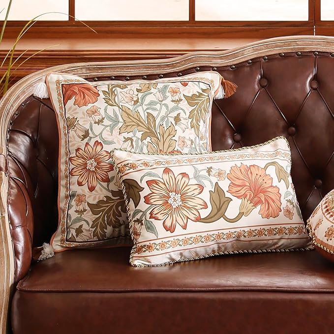 Velvet Square Vintage Throw Pillow Covers,Orange Floral with Wild Flowers Pattern Cozy Pillowcases,Decoration Pillows Cover for Couch Sofa Bed Car Chair Thanksgiving,18"x18"