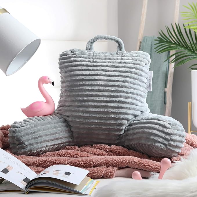Nestl Reading Pillow for Kids & Teens with Shredded Memory Foam, Luxe Cut Plush Backrest Pillows for Reading and Gaming, For use on Couch, Bed, Floor, Adjustable Support with Washable Cover Light Grey