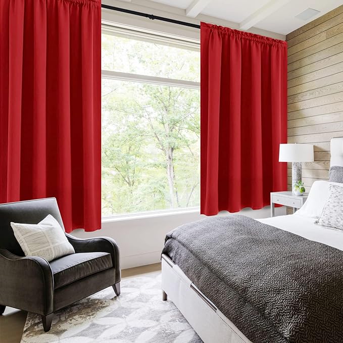 DWCN Christmas Blackout Curtains Room Darkening Thermal Insulated Bedroom Curtains Window Curtain Panels, 52 x 45 inches Long, Set of 2 Red Rod Pocket Drapes