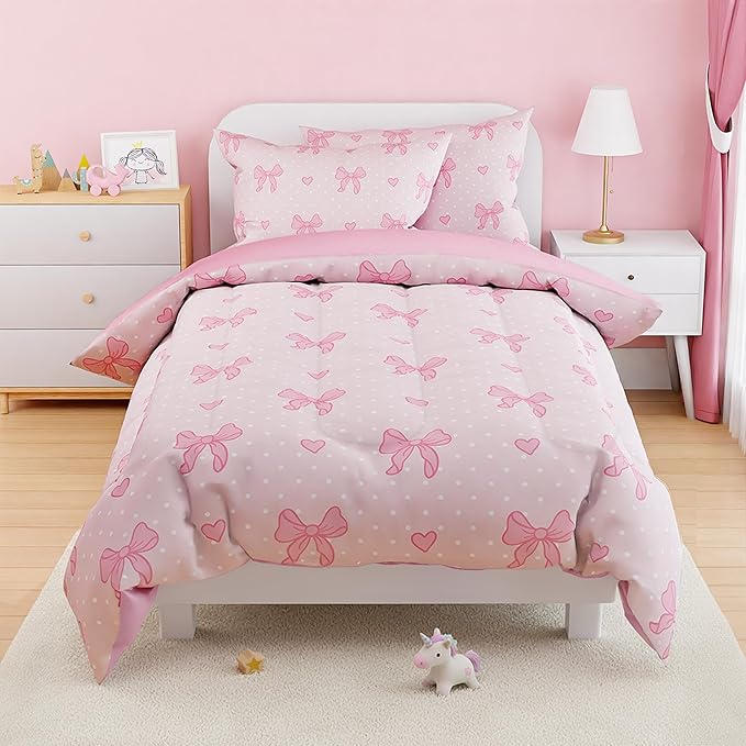 SANDJEST Bow Comforter Set Full Size 98x86in for Kids Girls, Microfiber 4 Pcs Bedding Set Includes 1 Comforter, 2 Pillowcases, 1 Fitted Sheet, Nursery Room Decor
