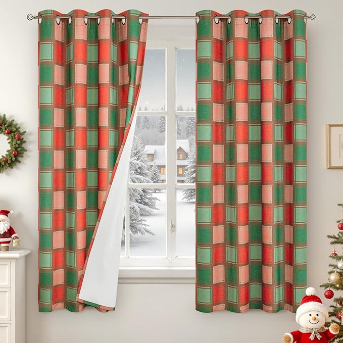 Plaid Christmas Curtains for Living Room 63 Inch Long - Boho Linen Blackout Curtains for Winter, Gingham Printed Drapes Patterned Thermal Drapes for Bedroom 52x63 Inch 2 Panels, Red Green