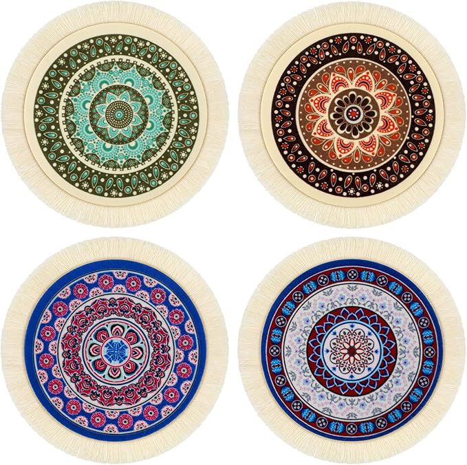 4 Pieces Rug Table Coasters Table Drink Holders Oriental Design Fabric Carpet Drink Mats Oriental Design Fabric Elegant Carpets Kitchen and Bar Mats for Home Office(Round,Fresh Pattern)