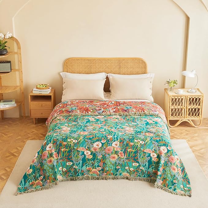 MSGKV Boho Throw Blanket 50"x60" Floral Blankets for Couch 100% Cotton Chair Sofa Throws Lightweight Farmhouse Muslin Breathable Bed Blankets Home Decor All Seasons