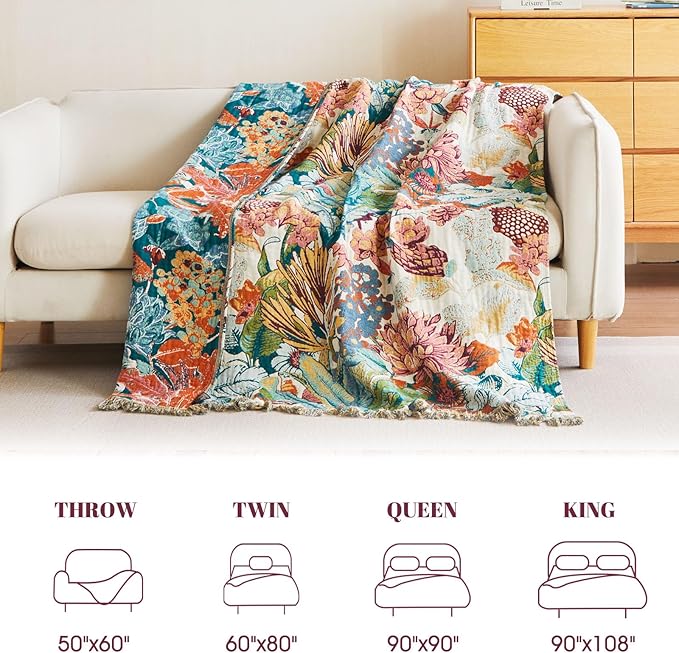 MSGKV Boho Throw Blanket for Bed Twin Size 100% Cotton Floral Blanket 60"x80" for Sofa Couch Muslin Breathable All Seasons Farmhouse Lightweight Blankets Home Decor