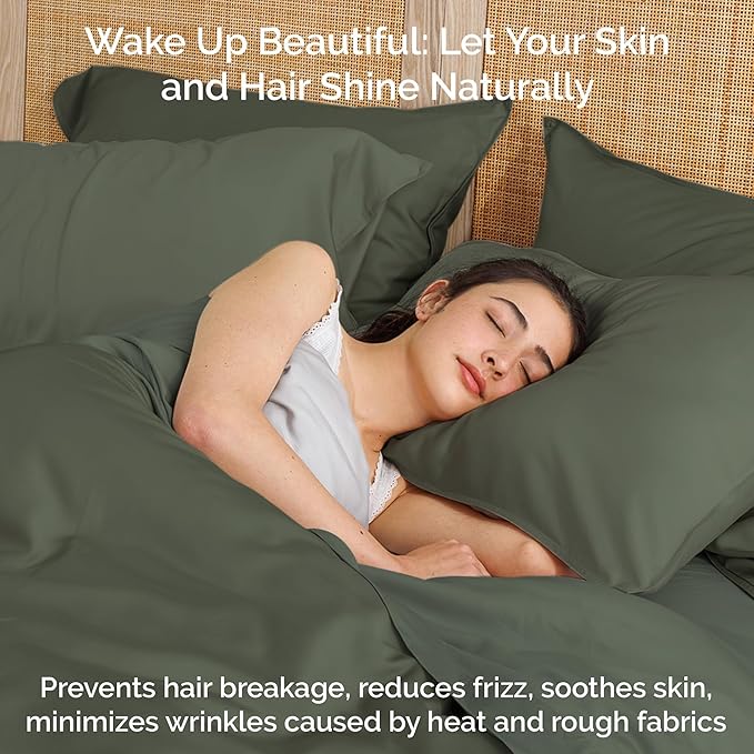 Duvet Cover Set - 100% Viscose Derived from Bamboo Duvet Cover King Size, 3 PC Luxury Cooling Duvet Cover for Hot Sleepers, Silky Buttery Soft Comforter Cover & 2 PC King Pillowcases, Moss