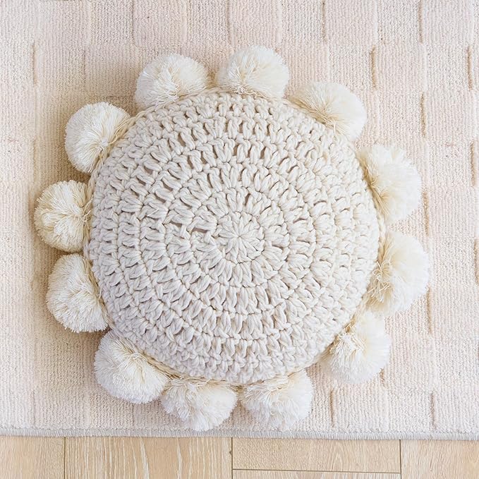 Beige 14 Inch Boho Round Throw Pillow, Cute Throw Pillow with Pom Poms Tassels, Decorative Circular Knitted Crochet Cushion for Couch Sofa Chair Bed