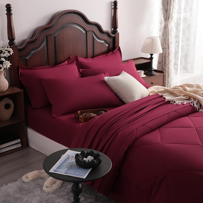 NTBAY Queen Comforter Set with Sheets, 7 Pieces Soft and Breathable Queen Bedding Set, Bed in a Bag, Down Alternative Comforter Set Solid Color All Season, Queen Bedding Set, Wine Red
