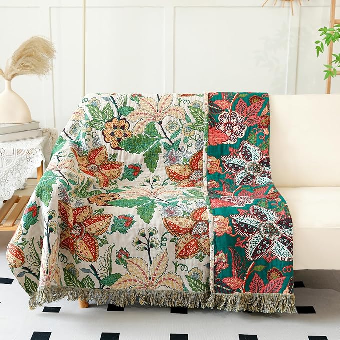 MSGKV Boho Throw Blanket for Bed Twin Size 100% Cotton Floral Blanket 60"x80" Lightweight Farmhouse Muslin Breathable Couch Blankets Home Decor All Seasons