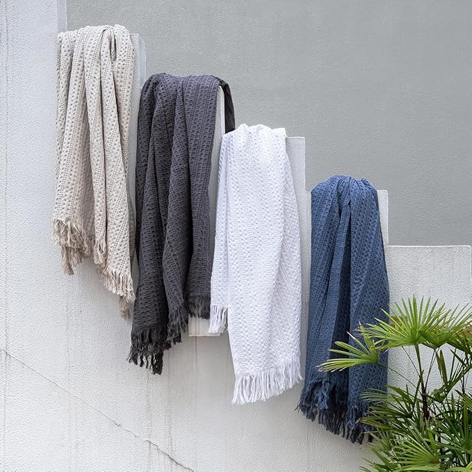 100% Cotton Waffle King Blanket with Fringe 104"x90", Pre-Washed Waffle Weave Blanket for All Season, Lightweight Breathable Soft Cozy Throw Blanket for Couch, Bed, Travel (White)