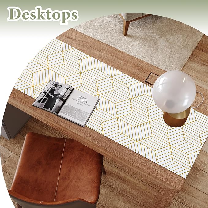 Shelf Liners for Kitchen Cabinets 12in x 40FT, Non Adhesive Cabinet Liner Strong Non-Slip Thickened Gold Geometric Drawer Liner, Easy to Clean for Shelf, Cabinet with Knife and Tape Measure