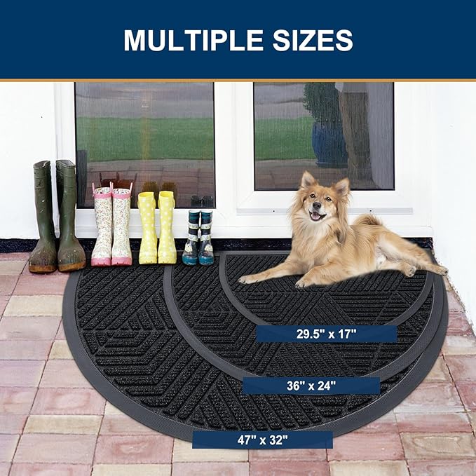 Smiry Half Circle Front Door Mat Outside Entrance, Heavy Duty Sturdy Natural Rubber Doormat, Trap Dirt and Moisture, Low Profile Mats for Indoor Outdoor Entry, Irregular Triangle (47x32, Black)