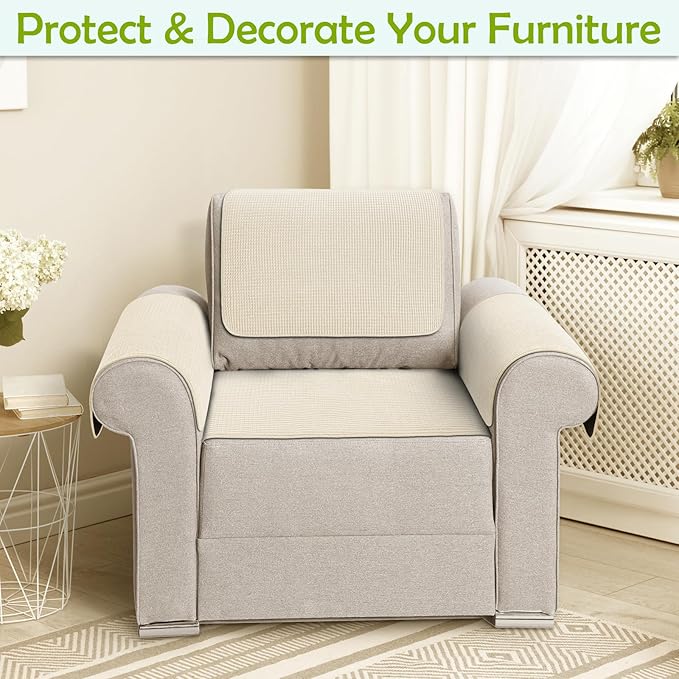 Couch Arm Covers, Sofa Arm Covers, Waterproof Armrest Cover for Sofa, Armchair, Loveseat, Non-Slip Recliner Arm Cover, Headrest Covers, Arm Chair Covers Set of 2 (Beige, 26"×26")