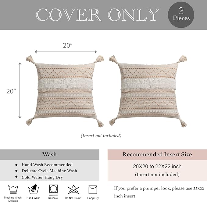 BlissBlush Decorative Throw Pillow Cover 20x20 Combo Set of 2 Square Cream Neutral White Boho Accent Pillowcase Tassels Farmhouse Cushion for Couch Sofa Bedroom Living Room Home Décor Cover ONLY