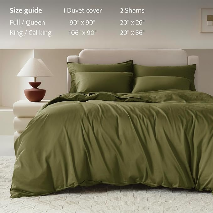 Double Stitch Cotton Tencel Duvet Cover - King Size Comforter Cover, Luxury & Soft Eucalyptus Lyocell Bedding Set for Hot Sleepers, Cooling, Smooth & Breathable, Button Closure, Olive Green, 106"x90"