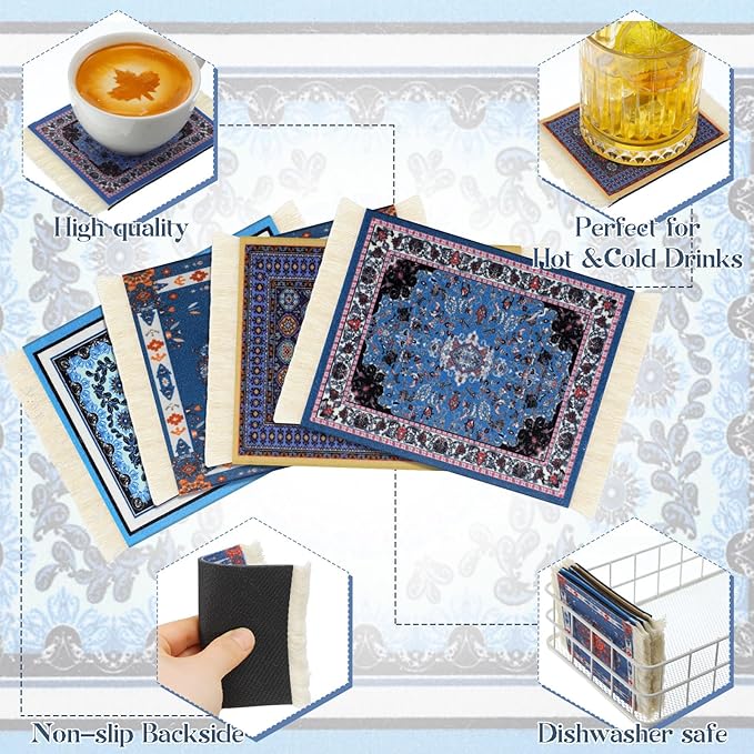 4 Pieces Rug Table Coasters Table Drink Holders Oriental Design Fabric Carpet Drink Mats Oriental Design Fabric Elegant Carpets Kitchen and Bar Mats for Home Office (Square,Novelty Pattern)