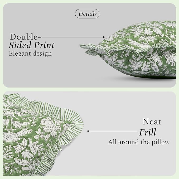 CPC Olive Green 100% Cotton Block Print Ruffle Sham Cover 20X30 inch Pack of 2, Handmade Boho Floral Pillowcase, Soft Decorative Queen Bed Pillow Cover for Bedroom Décor
